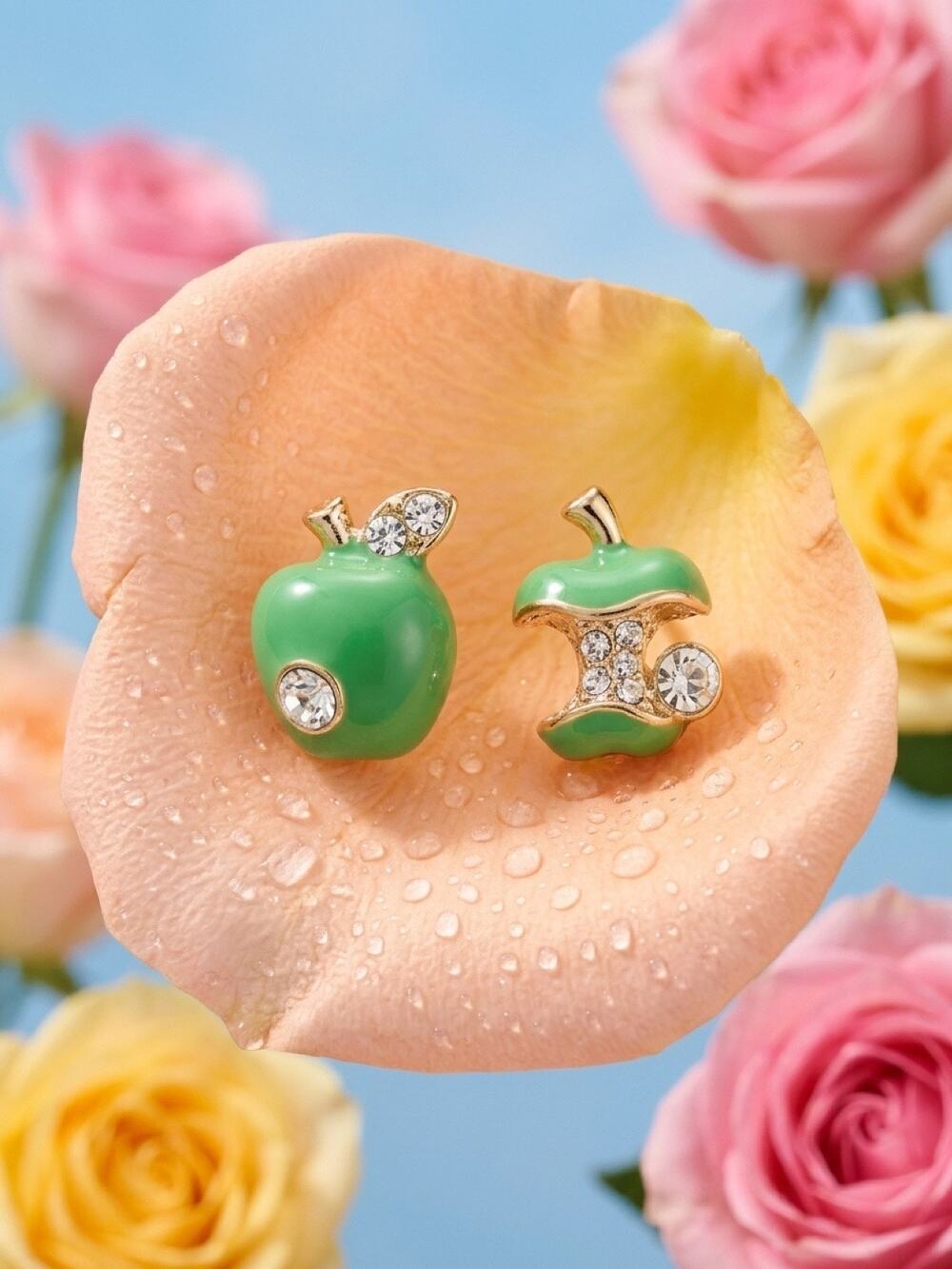 Green Apple Enamel & Rhinestone Mismatched Stud Earrings